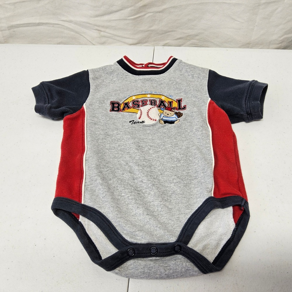 Simply Basic‎ Baseball Bodysuit Kids Large 12-18M Gray Navy Red Colorblock Bear